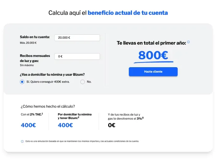 Calculadora de beneficios de la Cuenta Online Sabadell, que muestra un ahorro de 800€ el primer año al domiciliar la nómina.
