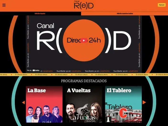 Interfaz de la web de Canal Red con programas destacados como La Base y El Tablero para ver televisión online en directo.