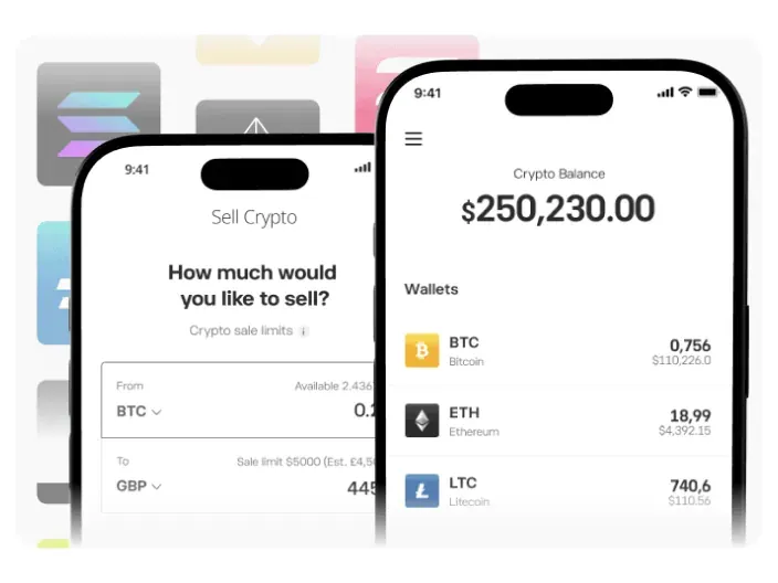 Interfaz de app móvil Revolut mostrando el saldo en criptomonedas Bitcoin Ethereum y Litecoin.