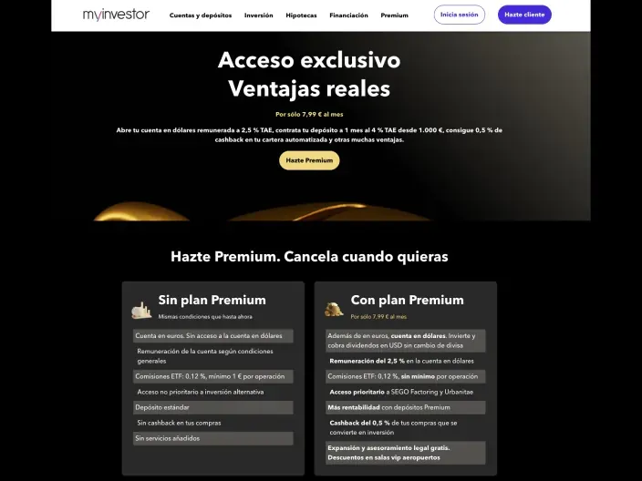 Comparativa plan Premium MyInvestor por 7,99€ con cuenta remunerada al 2,5% y depósitos al 4%.