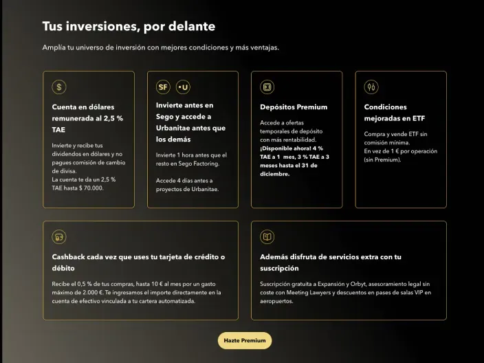 Ventajas de inversión MyInvestor con cuenta en dólares, acceso a Urbanitae y depósitos premium.