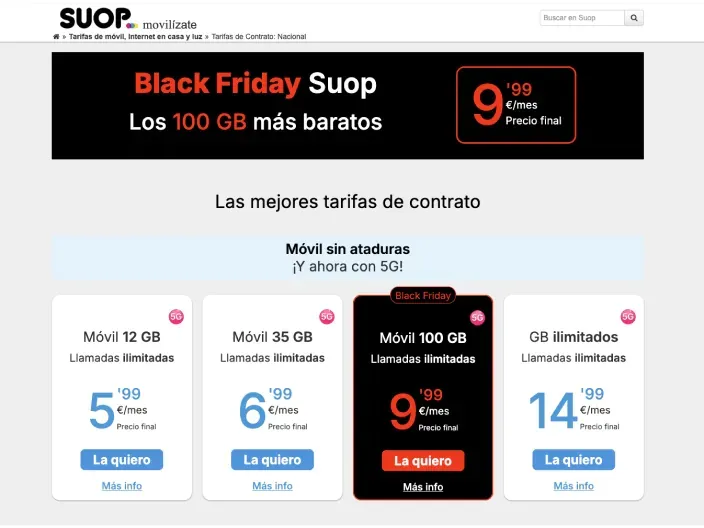Oferta Black Friday Suop tarifa móvil 100GB por 9,99 euros al mes precio final.