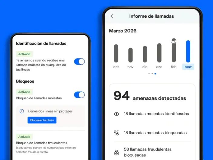 Dos capturas de la app de Movistar con funciones de identificación y bloqueo de llamadas molestas y un informe de llamadas