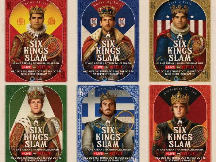Pósteres del torneo de tenis Six Kings Slam en Netflix, con Alcaraz, Djokovic, Fritz, Sinner, Tsitsipas y Zverev.