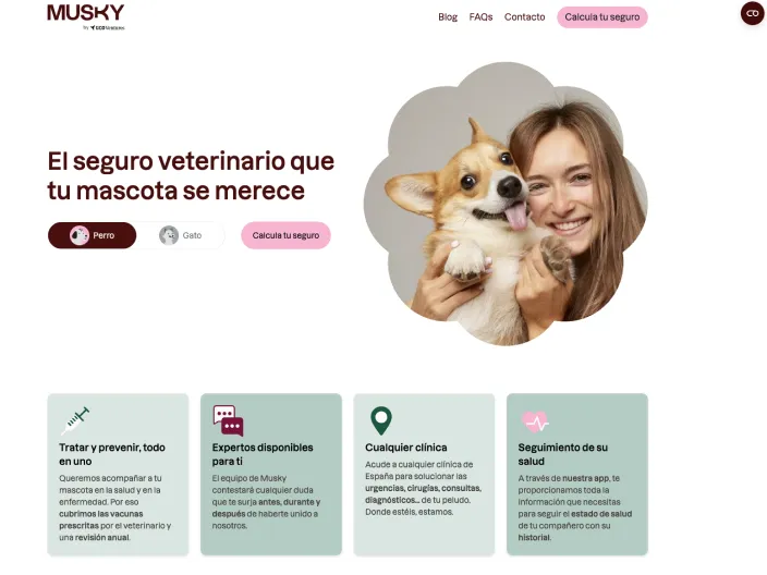 Página web del seguro veterinario para mascotas Musky, de GCO Ventures, mostrando sus coberturas para perros y gatos.
