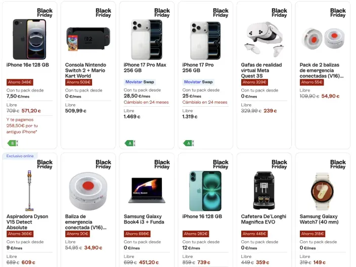 Catálogo de ofertas de Black Friday con móviles, consolas, balizas de emergencia, aspiradoras y otros productos rebajados