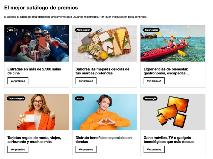Pantalla con el catálogo de premios del programa Orange Premia mostrando distintas categorías de recompensas.