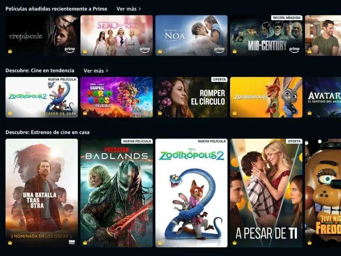 Catálogo de Prime Video con películas añadidas recientemente y títulos en tendencia en la plataforma de streaming.