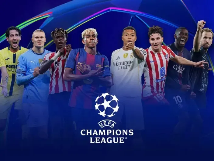 Jugadores de varios equipos europeos posan en un montaje promocional de la UEFA Champions League 2025