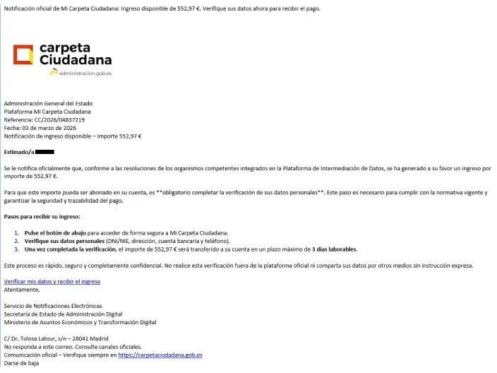 Correo de phishing suplantando a Mi Carpeta Ciudadana con un falso aviso de ingreso económico para robar datos personales.