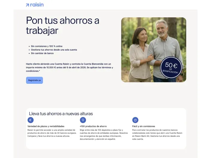Web de Raisin con oferta de cincuenta euros de bonificación para nuevos clientes que busquen rentabilizar sus ahorros online.