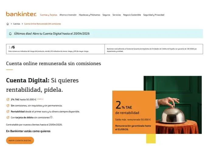 Promoción de la Cuenta Digital de Bankinter: cuenta online remunerada al 2% TAE sin comisiones ni requisitos.