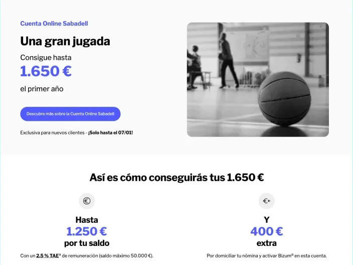 Campaña Cuenta Online Sabadell con rentabilidad de hasta 1.650€ el primer año.