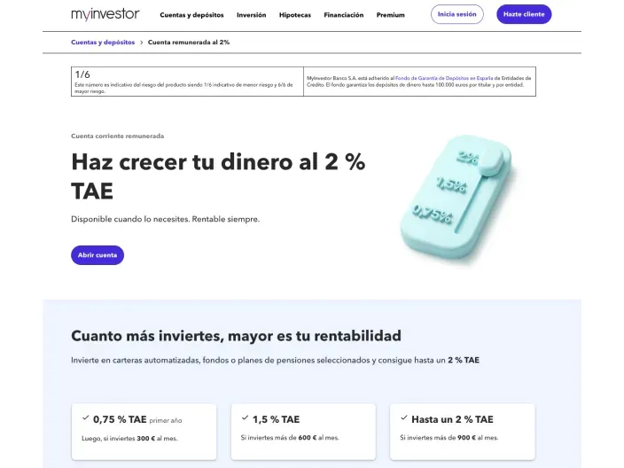 Cuenta remunerada de MyInvestor al 2% TAE: rentabilidad por tramos según el nivel de inversión y ahorro.