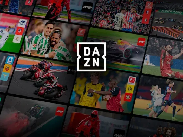 Logo de DAZN sobre mosaico de eventos deportivos para ver fútbol y motor en streaming.