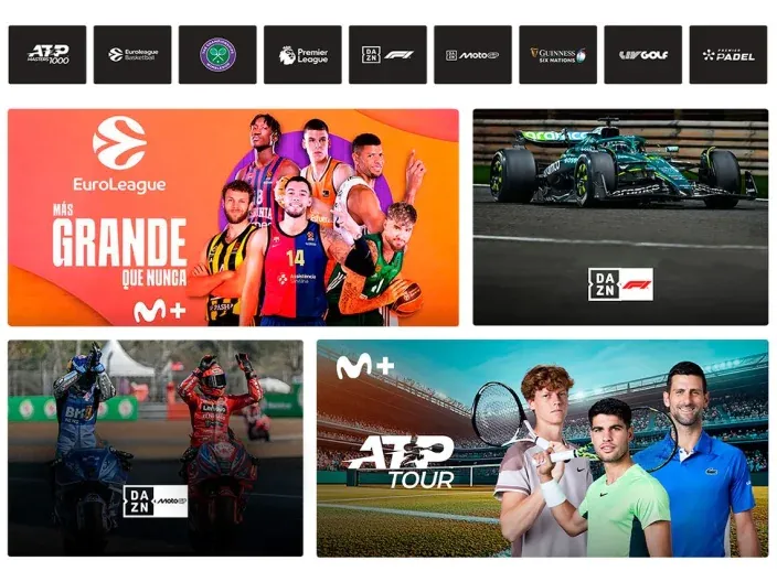 Composición promocional de Movistar Plus+ mostrando diferentes competiciones deportivas (Fórmula 1, Euroliga, ATP Tour, MotoGP, Premier League, etc.)