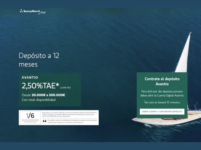 Web de Banca March con la oferta del depósito Avantio a doce meses con una rentabilidad del dos con cincuenta por ciento TAE.