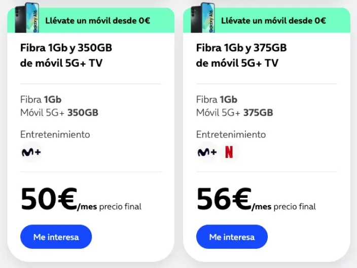 Tarifas de O2. Plan de 50€ con 350GB y el de 56€ con 375GB y Netflix. Ambas incluyen fibra y móvil 5G.