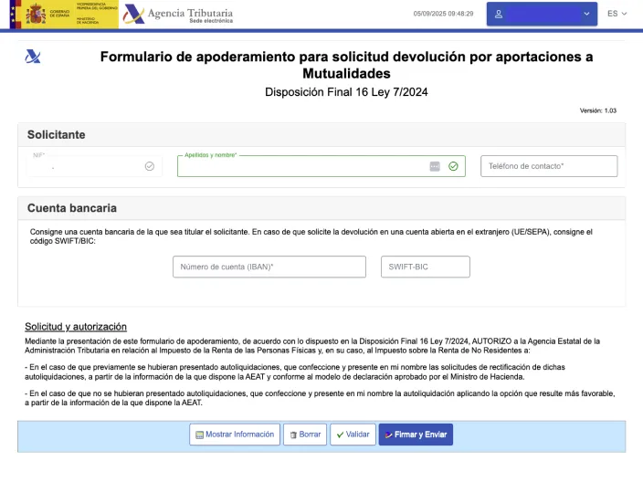 Formulario de la Agencia Tributaria para solicitar la devolución del IRPF por las aportaciones a mutualidades.