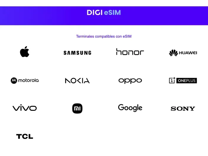Marcas de móviles compatibles con la eSIM de DIGI: Apple, Samsung, Xiaomi y Huawei entre otros terminales.
