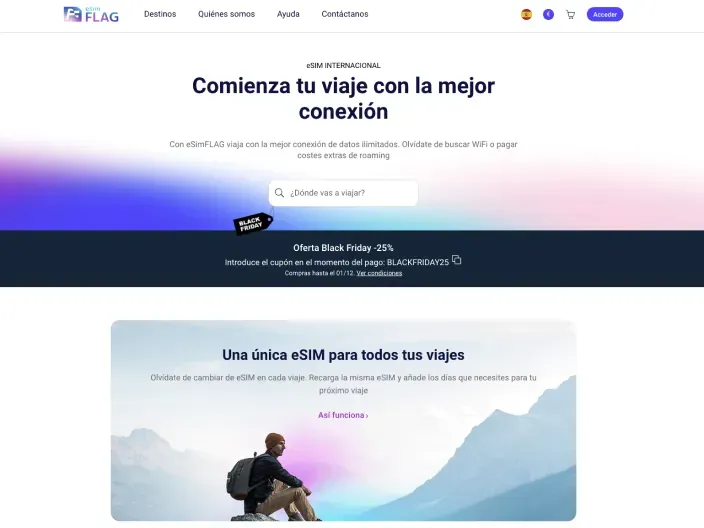 Oferta Black Friday eSIM FLAG con 25% de descuento en datos móviles internacionales.