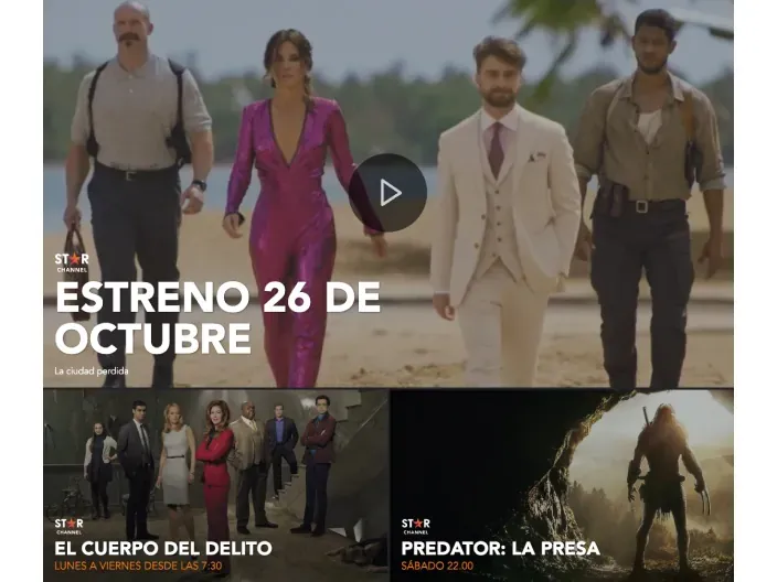 Programación del canal Star Channel con el estreno de La ciudad perdida y la emisión de El cuerpo del delito y Predator: La Presa.