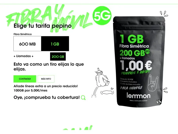 Web de Lemmon con oferta de fibra de un giga y móvil con doscientos gigas cinco G por un euro al mes.