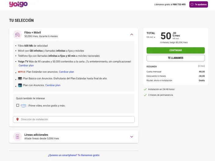 Resumen de la tarifa de fibra y móvil con Netflix, antes de finalizar la compra.