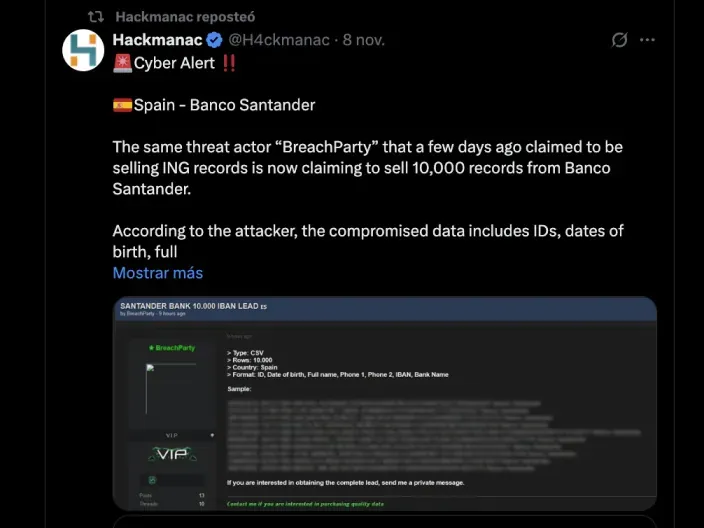 Captura de una publicación de Hackmanac en X alertando sobre la venta de datos de clientes del Banco Santander por el grupo BreachParty