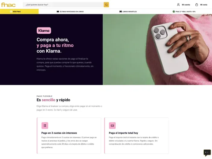 Opciones de pago flexible con Klarna en FNAC: paga en 3 plazos sin intereses tus compras online de tecnología.