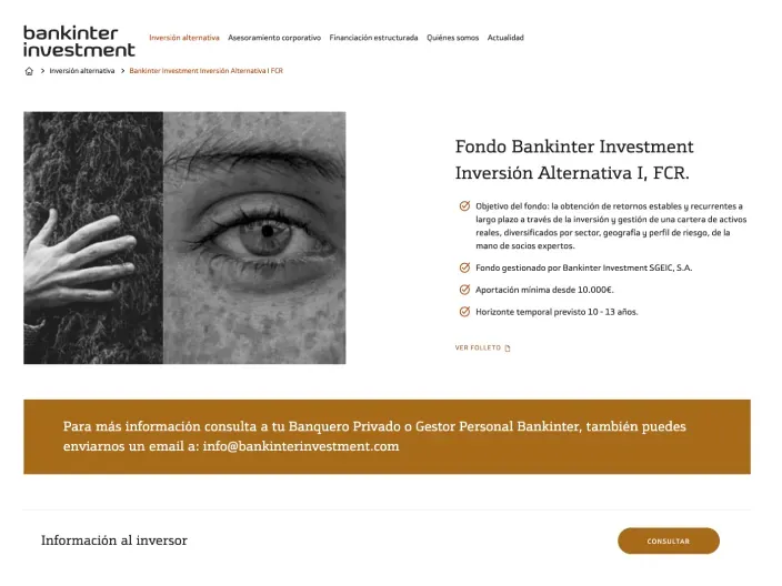 Detalles del Fondo Bankinter Investment Inversión Alternativa I, FCR con objetivos, plazos y aportación mínima.