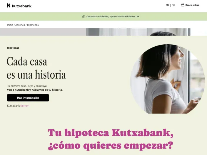 Captura de la web de Kutxabank con su oferta de hipotecas para jóvenes y la financiación para la compra de una primera vivienda.