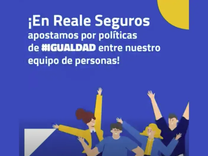 Cartel de Reale Seguros sobre políticas de igualdad laboral con ilustraciones de figuras con los brazos en alto.