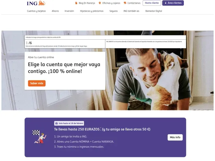 Promoción de cuenta online de ING con bonificación por invitar a un amigo.