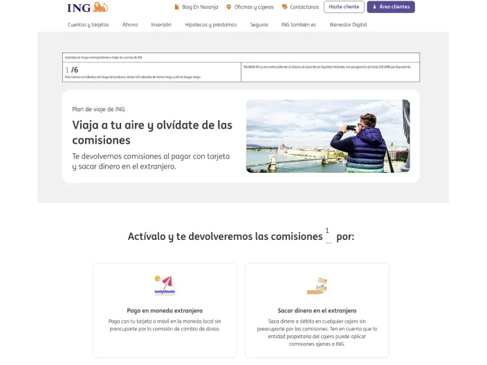 Plan de viaje de ING: devuelve comisiones en moneda extranjera al pagar con tarjeta o sacar dinero en cajeros.