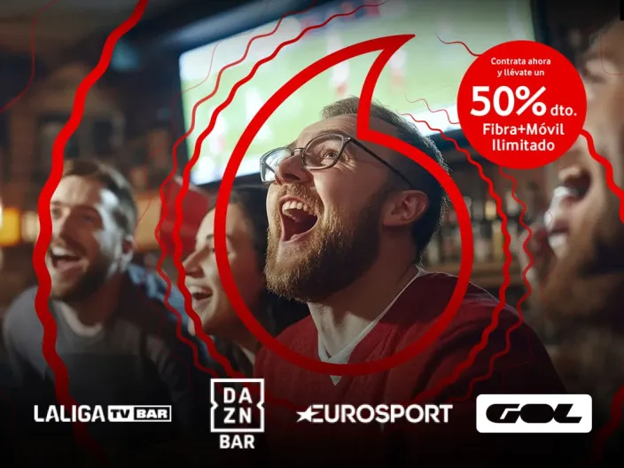 Publicidad de Vodafone con un 50% de descuento en fibra y móvil para bares, con los logos de LaLiga TV Bar, DAZN y Eurosport.
