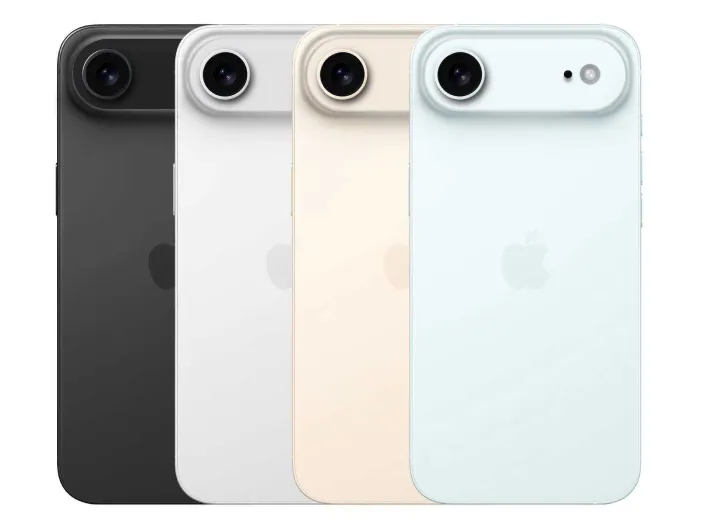 Posibles nuevos colores para el modelo de iPhone 17 Air, mostrados en negro, blanco, dorado y azul claro con una sola cámara.