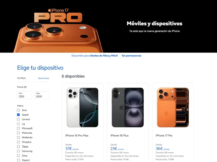Página web de la tienda online de O2 mostrando modelos de iPhone disponibles a plazos.