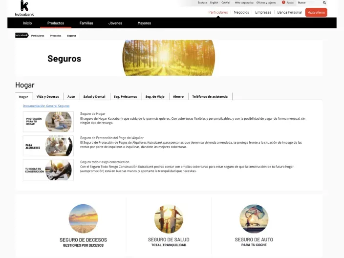 Catálogo de seguros de Kutxabank: pólizas de hogar, auto, salud y decesos con coberturas para particulares.