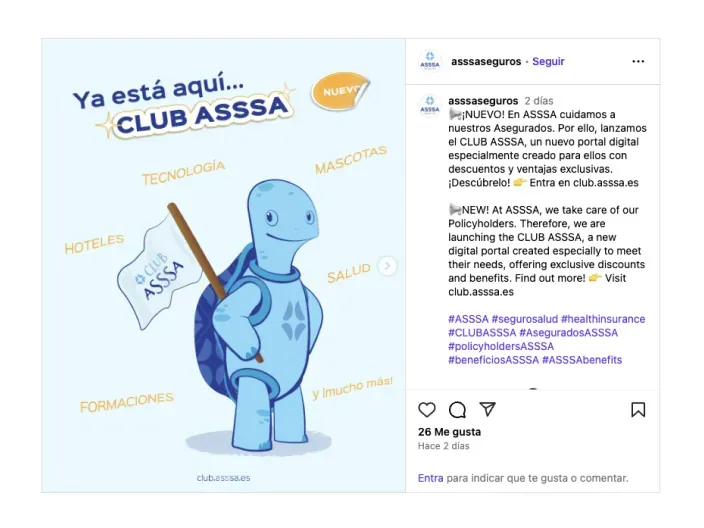 Publicación en Instagram de ASSSA Seguros anunciando el nuevo Club ASSSA, su portal de ventajas en salud, hoteles y tecnología.