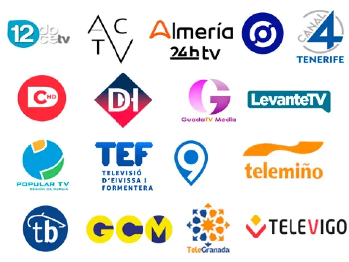 Mosaico de logotipos de diversos canales de televisión locales integrados en la oferta de contenidos de Orange TV.
