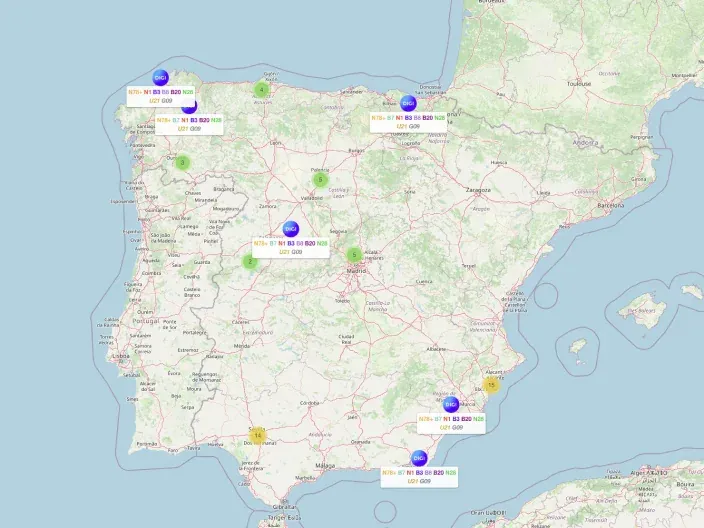 Mapa de la cobertura de la red móvil de DIGI en España, mostrando la localización de sus antenas y bandas de frecuencia 5G.
