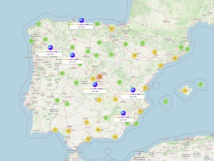 Mapa de cobertura de red móvil DIGI en España con ubicación de antenas 5G y bandas de frecuencia seleccionadas.