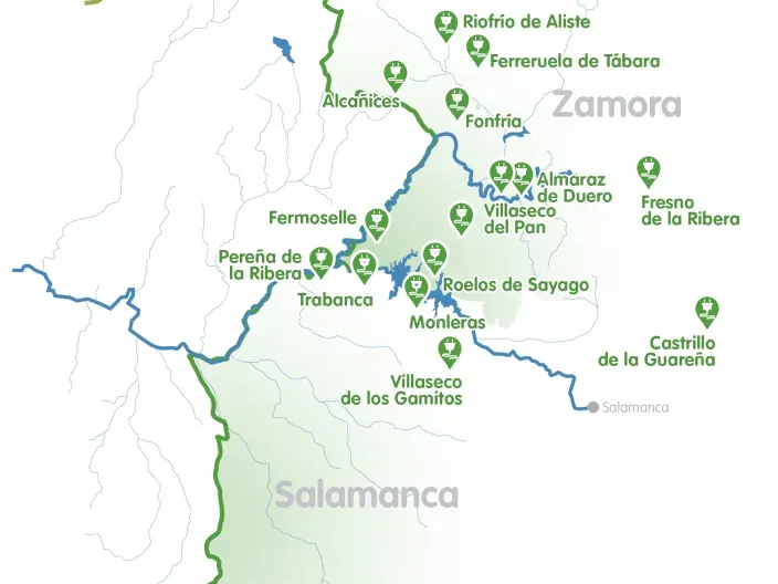 Mapa de municipios de Zamora y Salamanca que participan en la comunidad energética EfiDuero.