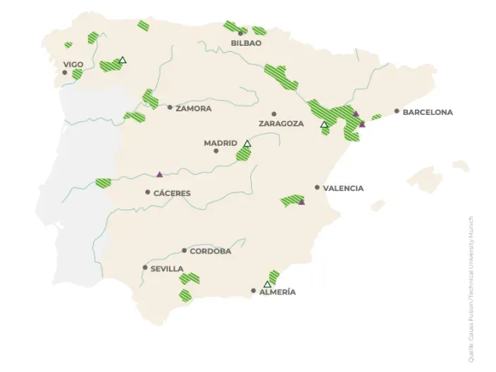 Mapa de España que muestra ubicaciones señaladas para la primera planta de fusión nucelar en España.