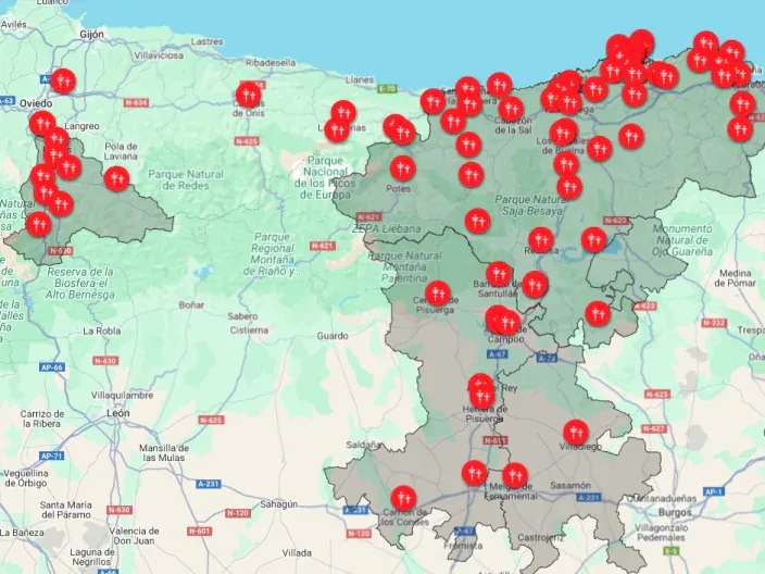 Mapa con los puntos de conexión de Viesgo marcados en rojo, en Asturias, Cantabria y Castilla y León.