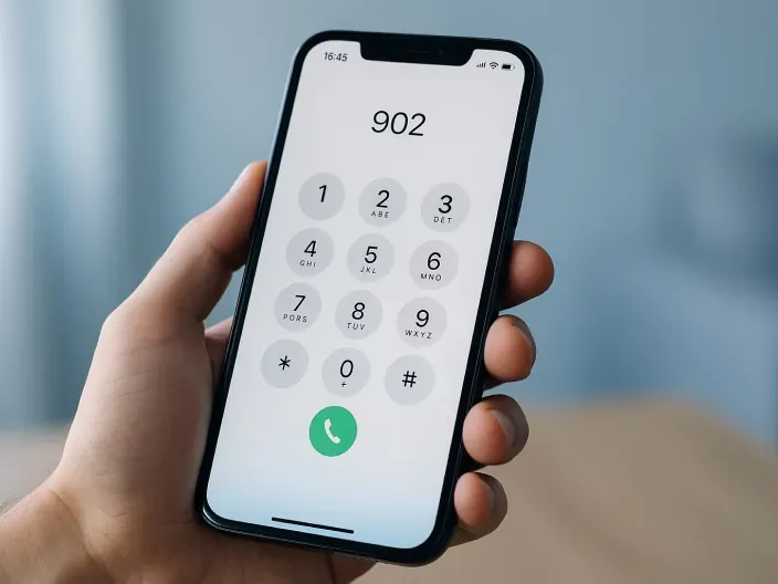 Mano sosteniendo un móvil con el número 902 marcado en la pantalla, un teléfono de tarificación especial para atención al cliente.