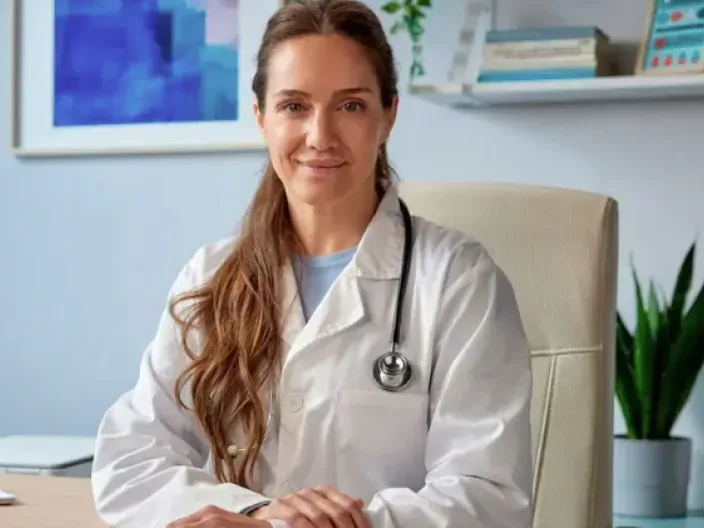 Doctora con bata blanca y estetoscopio en su consulta para representar los servicios médicos de un seguro de salud privado.