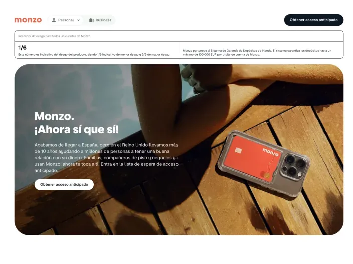 Lanzamiento de Monzo en España: neobanco digital con acceso anticipado y tarjeta para particulares y negocios.