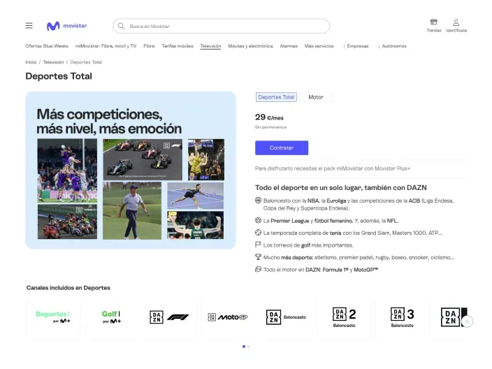 Web de Movistar con la oferta del pack Deportes Total junto a DAZN para ver fútbol motor y baloncesto en streaming.